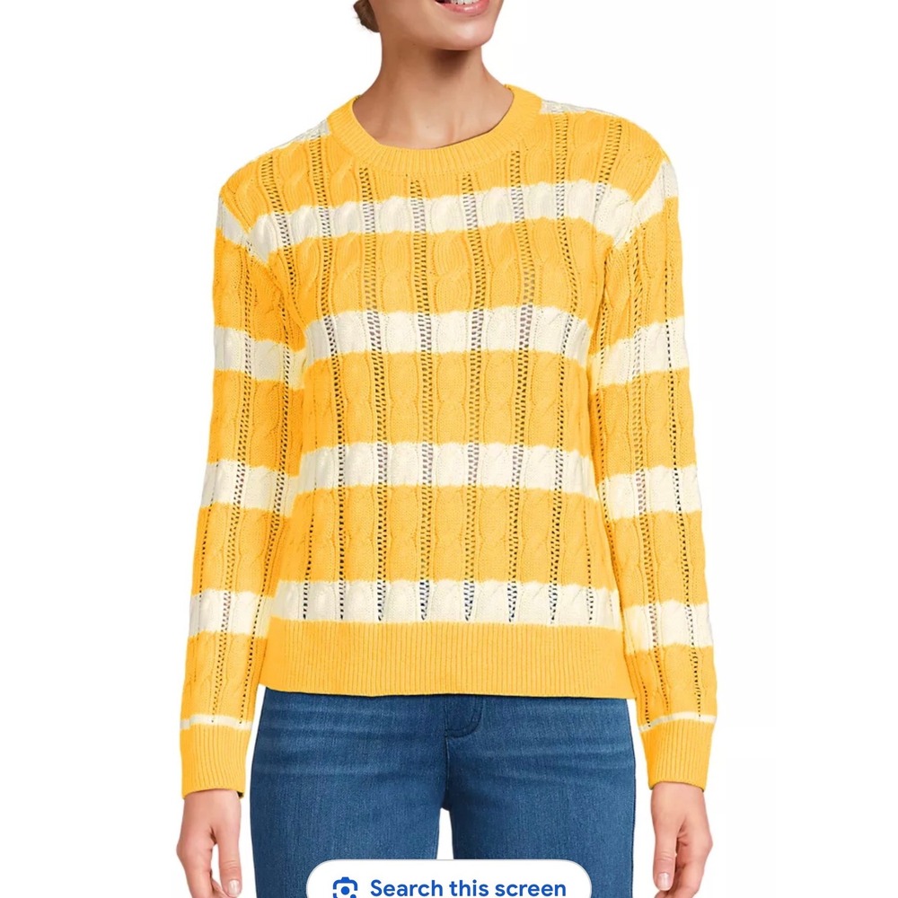 Lands End Drifter Yellow White Striped Cable Knit Sweater 3X 24W-26W NEW - Picture 5 of 6